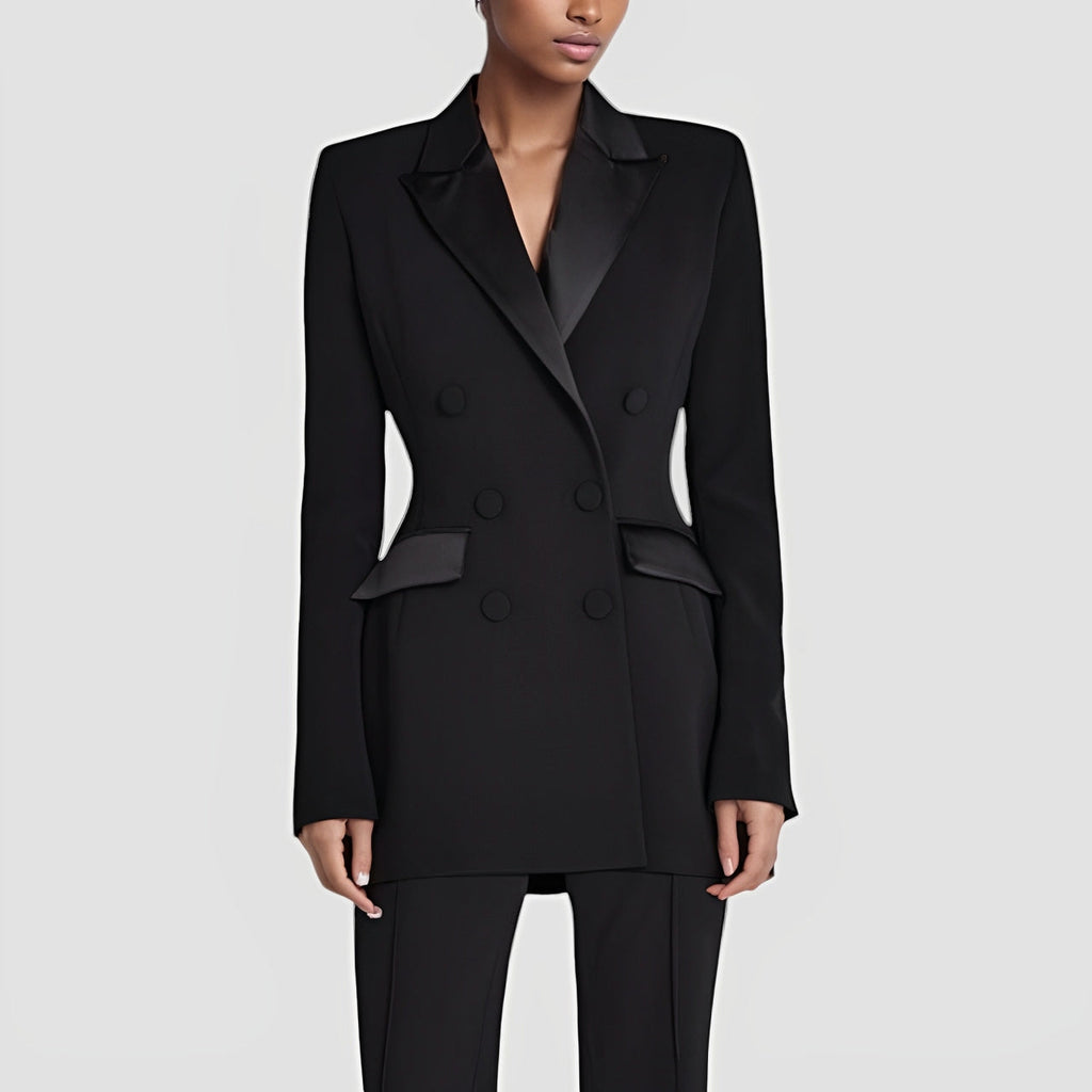 Chic Collection | Black Blazer Dress with Satin Lapel & Tailored Fit | Elegant Women Dress for Day to Evening Wear 1