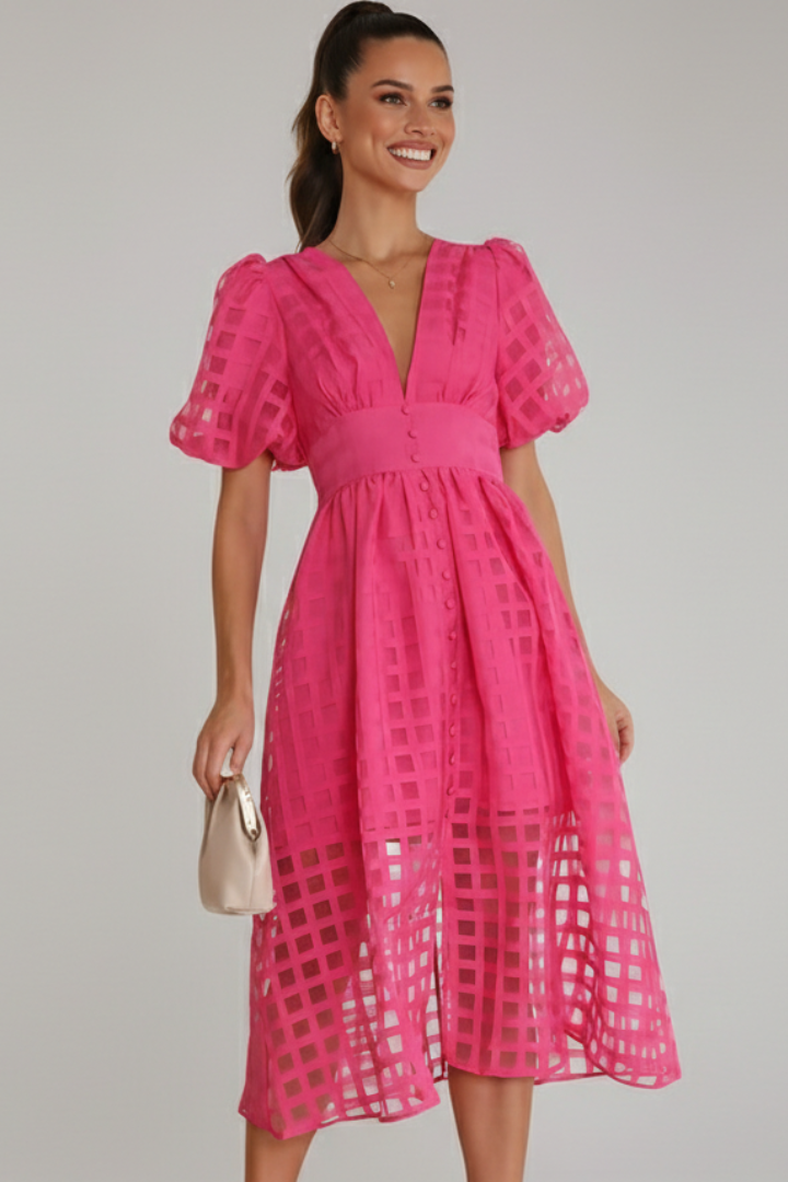 Emily | Elegant Airy Lace Midi Dress with V-Neck and Puff Sleeves 0