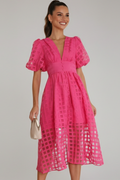 Emily | Elegant Airy Lace Midi Dress with V-Neck and Puff Sleeves 0