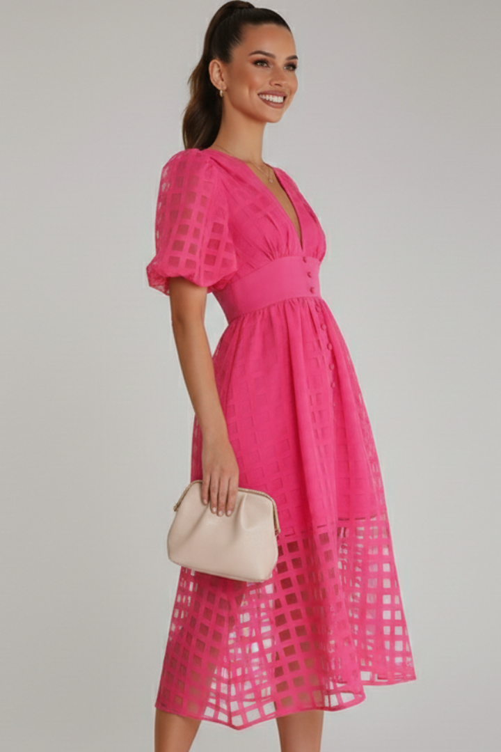 Emily | Elegant Airy Lace Midi Dress with V-Neck and Puff Sleeves 1
