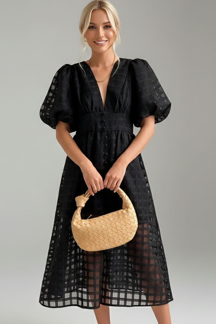 Emily | Elegant Airy Lace Midi Dress with V-Neck and Puff Sleeves 3