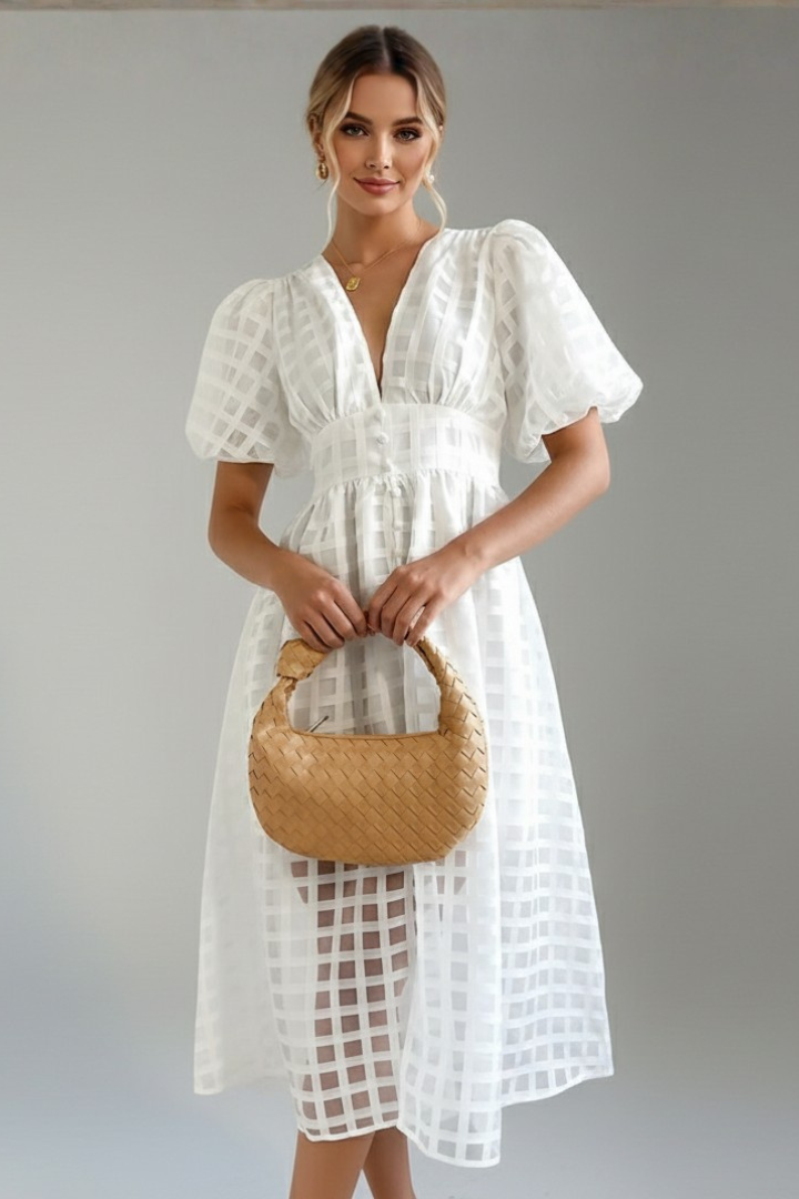 Emily | Elegant Airy Lace Midi Dress with V-Neck and Puff Sleeves 4
