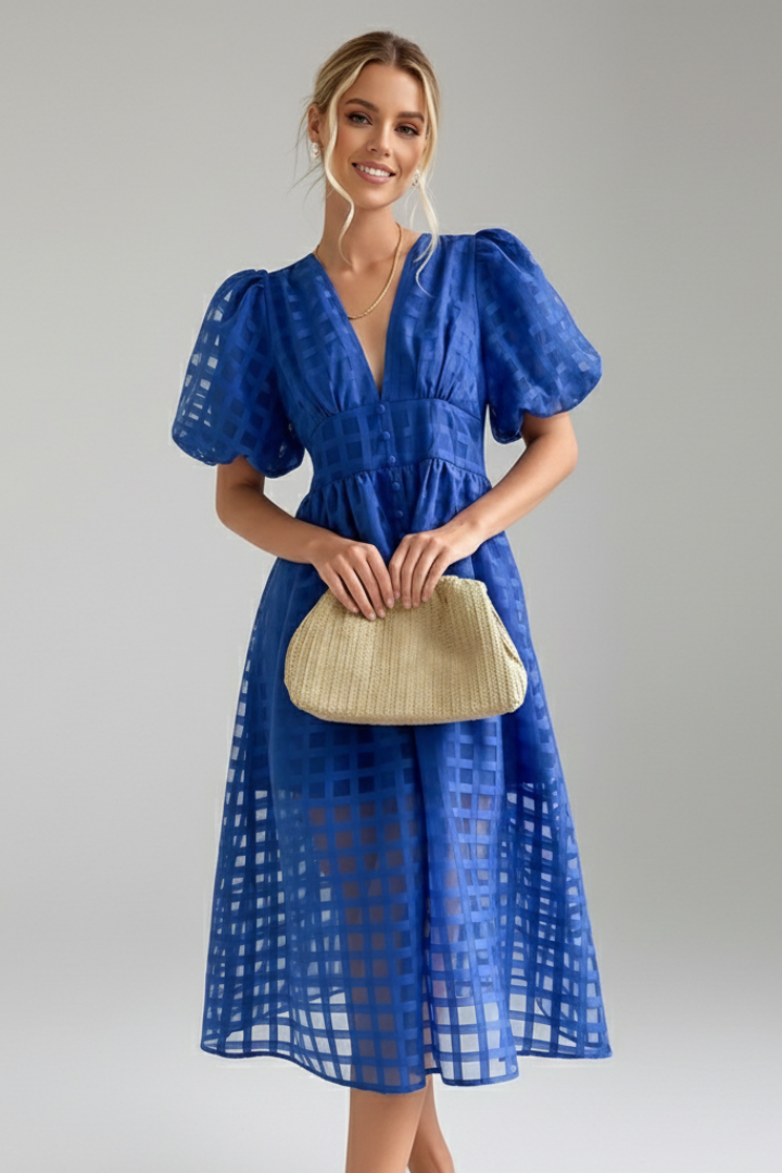 Emily | Elegant Airy Lace Midi Dress with V-Neck and Puff Sleeves 5