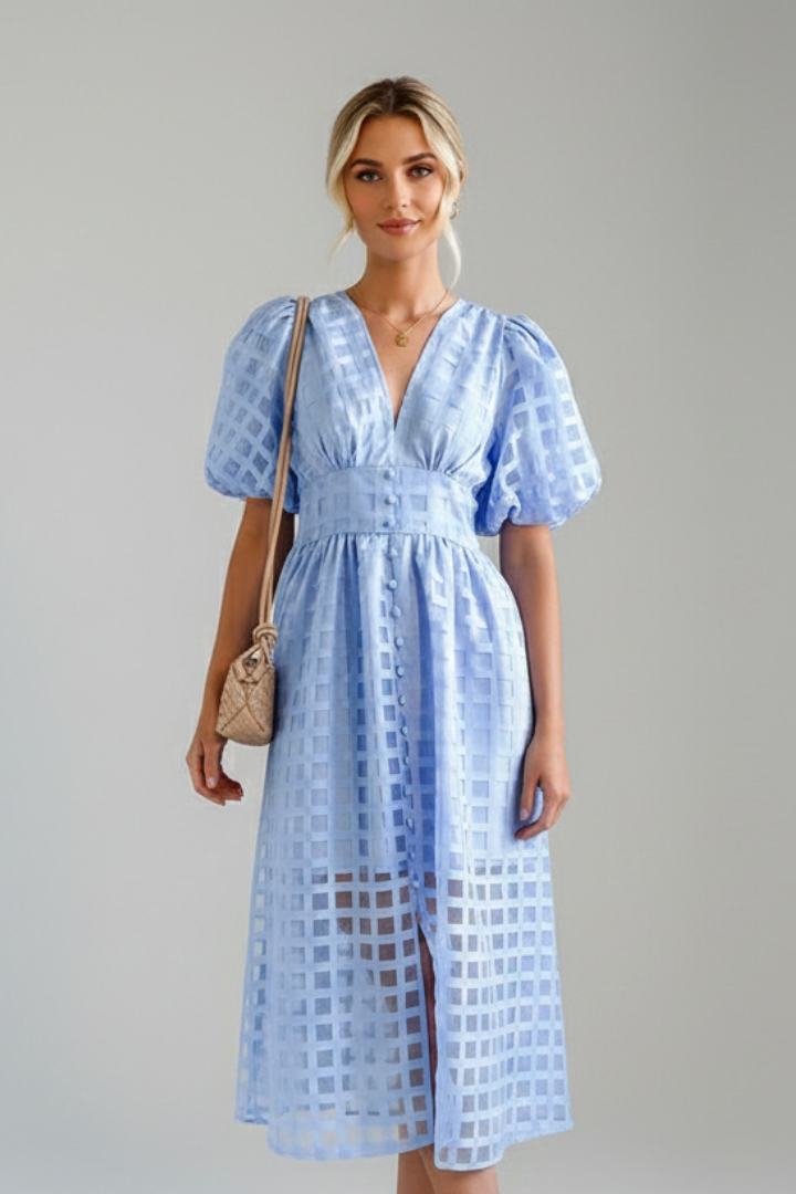 Emily | Elegant Airy Lace Midi Dress with V-Neck and Puff Sleeves 6
