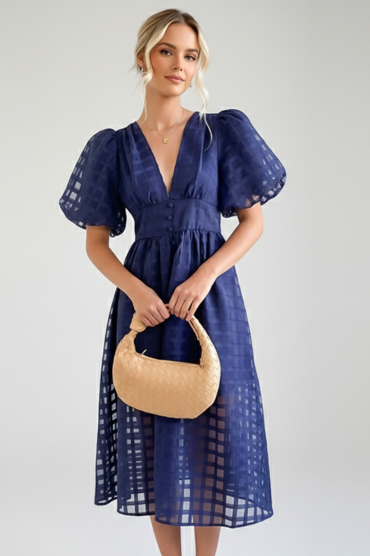 Emily | Elegant Airy Lace Midi Dress with V-Neck and Puff Sleeves 7