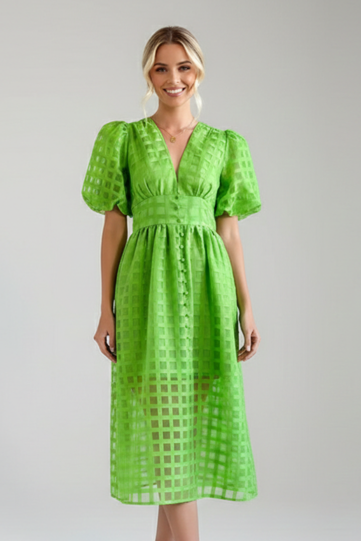 Emily | Elegant Airy Lace Midi Dress with V-Neck and Puff Sleeves 8
