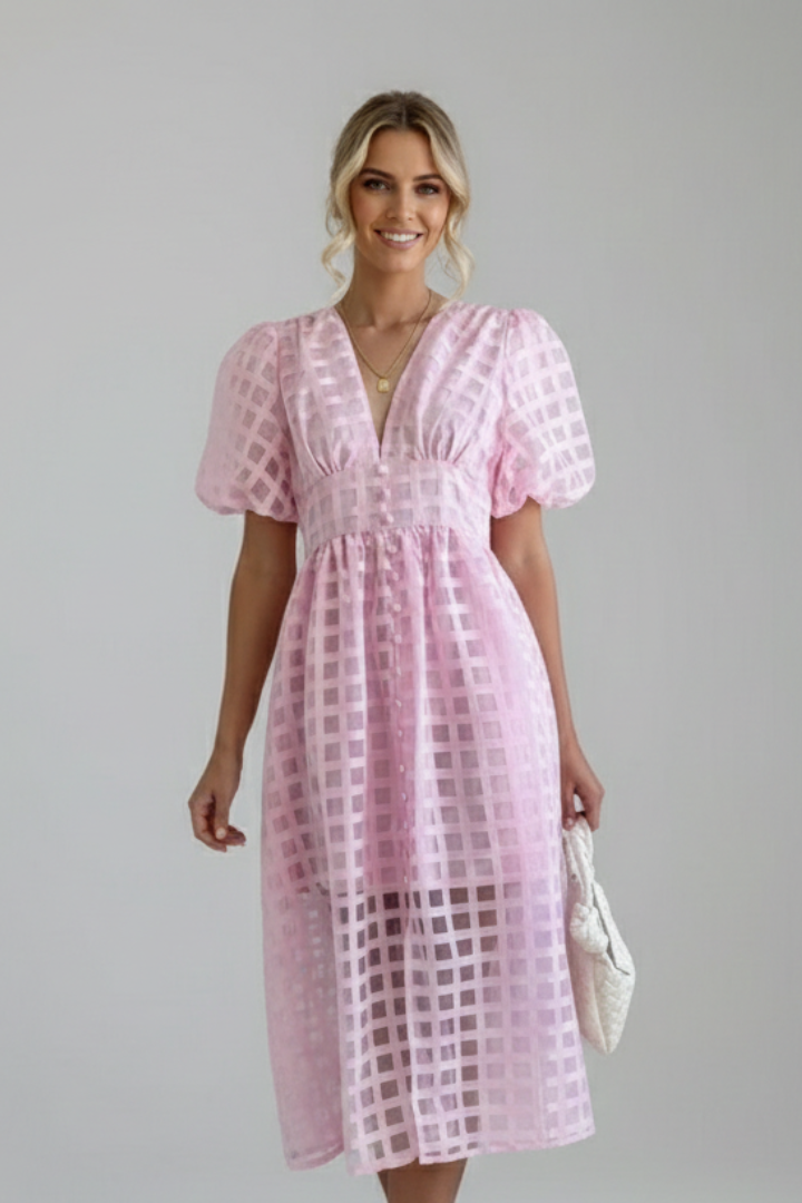 Emily | Elegant Airy Lace Midi Dress with V-Neck and Puff Sleeves 9