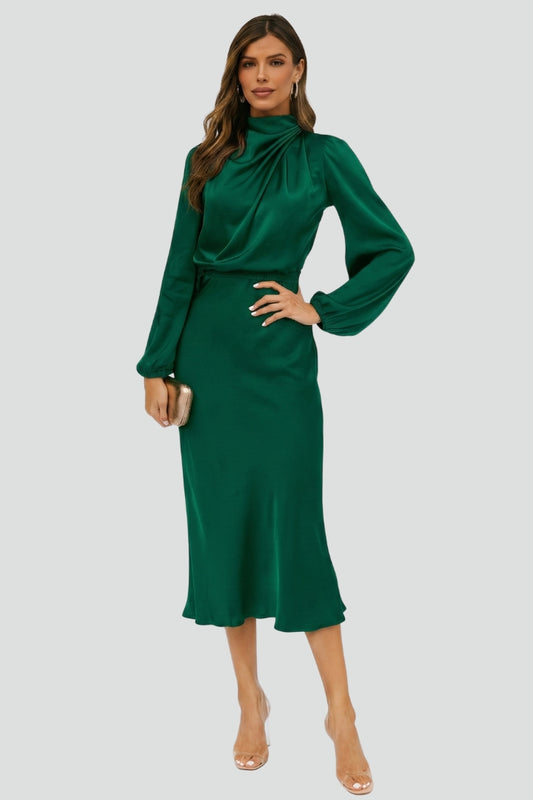 Emily | Elegant Gathered High Neck Midi Dress 0