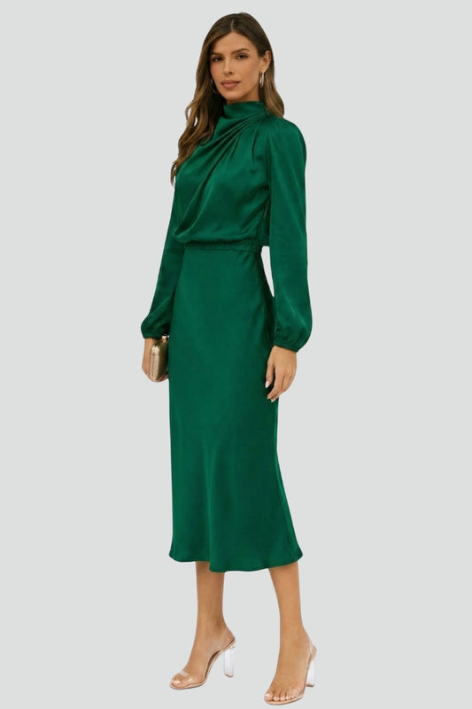 Emily | Elegant Gathered High Neck Midi Dress 2