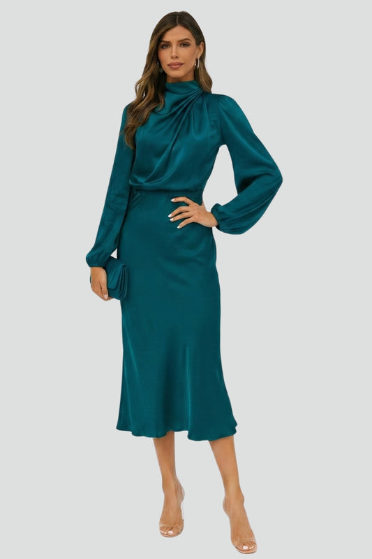 Emily | Elegant Gathered High Neck Midi Dress 3