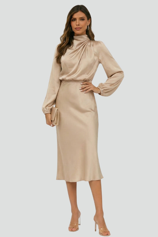 Emily | Elegant Gathered High Neck Midi Dress 4