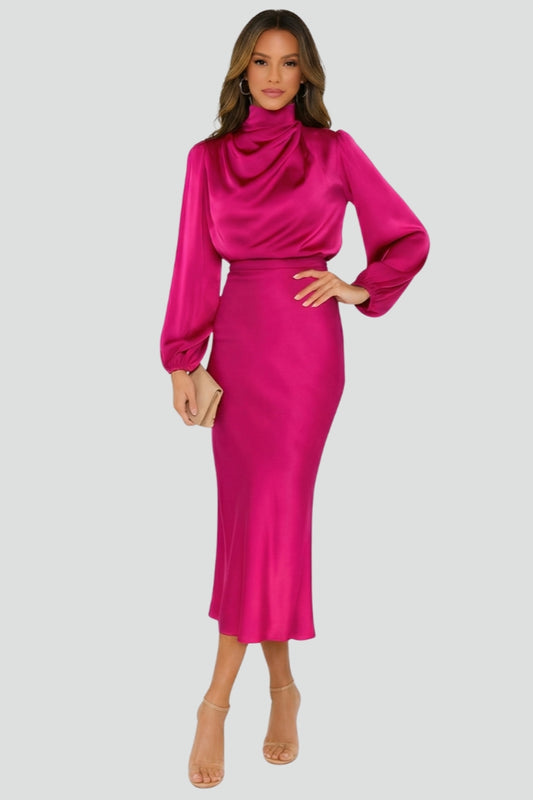 Emily | Elegant Gathered High Neck Midi Dress 6