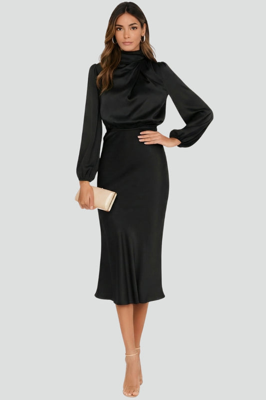 Emily | Elegant Gathered High Neck Midi Dress 7