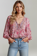 Emily | Stylish Floral Tunic Blouse with V-Neck and Adjustable Tie 0