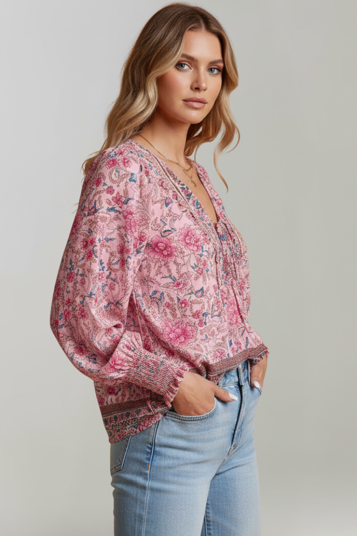 Emily | Stylish Floral Tunic Blouse with V-Neck and Adjustable Tie 1
