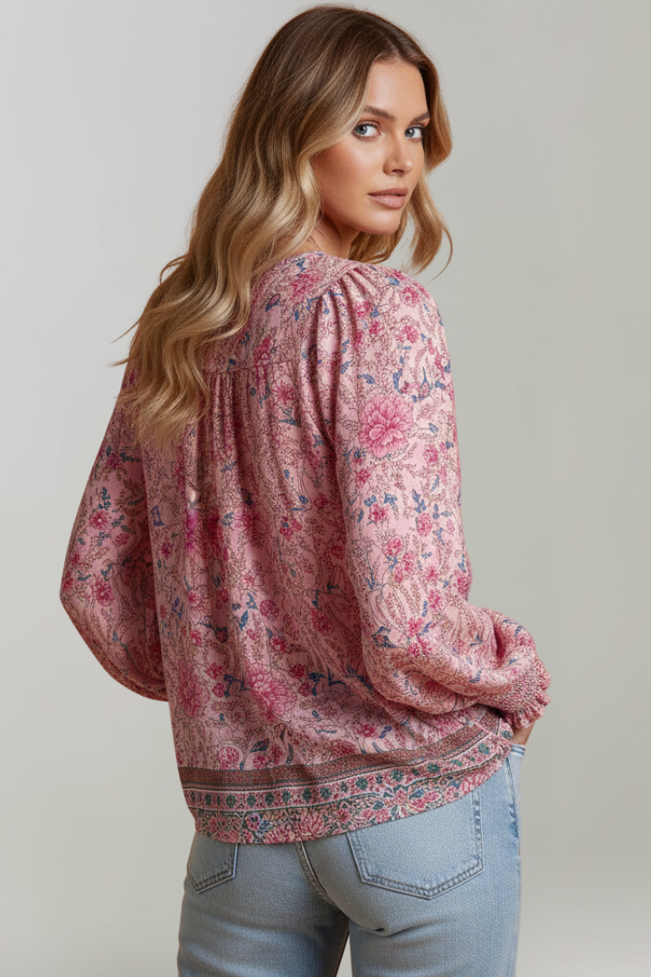 Emily | Stylish Floral Tunic Blouse with V-Neck and Adjustable Tie 2