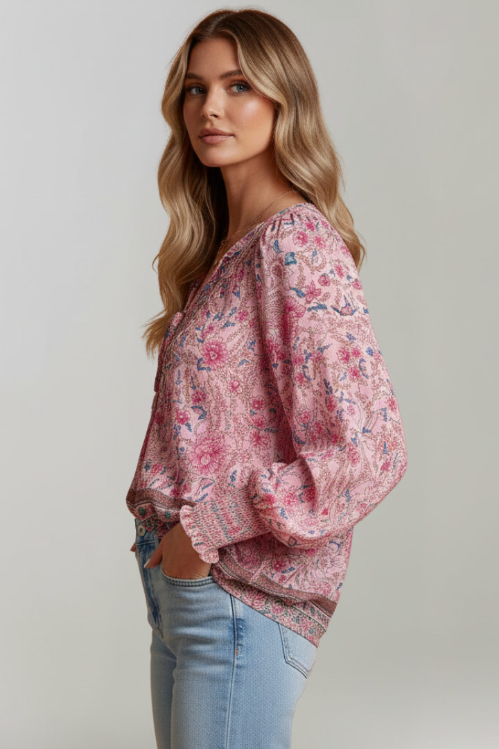 Emily | Stylish Floral Tunic Blouse with V-Neck and Adjustable Tie 3