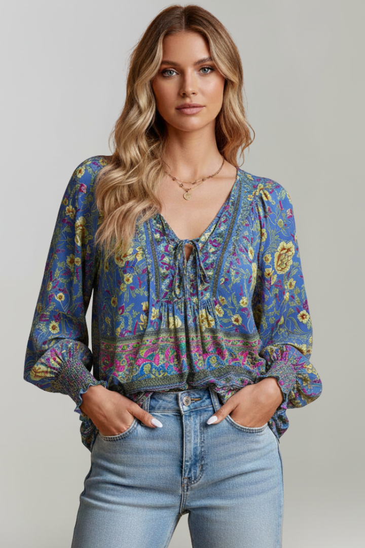 Emily | Stylish Floral Tunic Blouse with V-Neck and Adjustable Tie 4