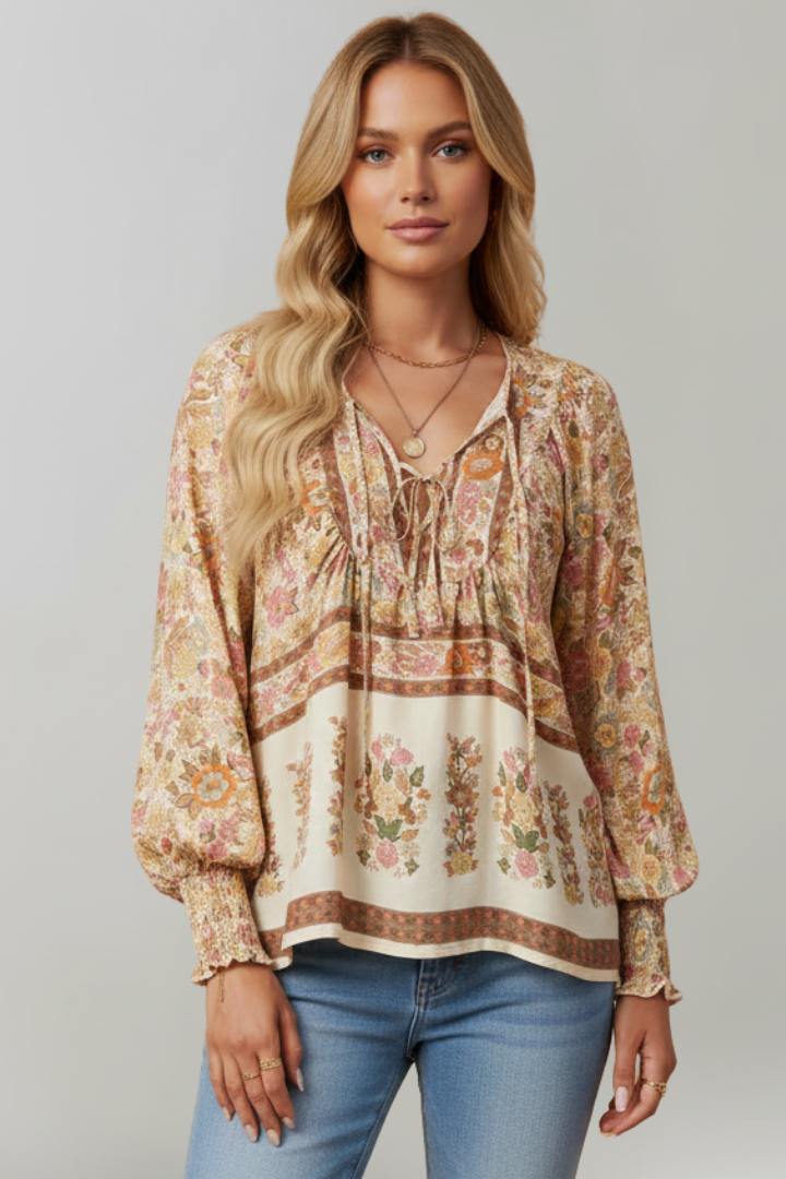 Emily | Stylish Floral Tunic Blouse with V-Neck and Adjustable Tie 5