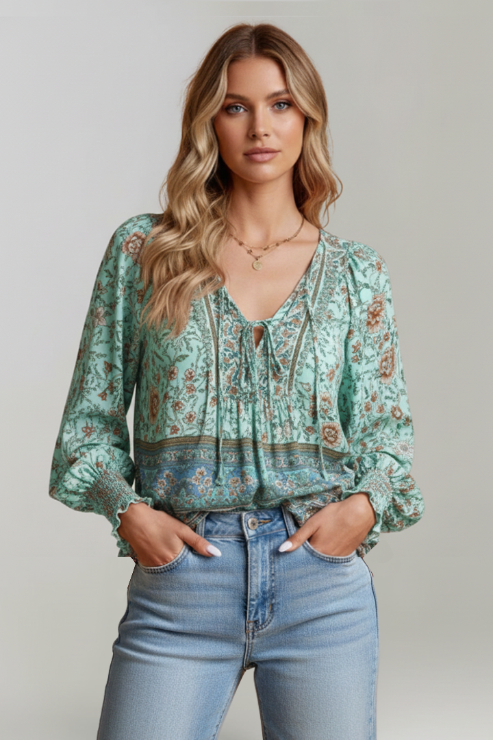 Emily | Stylish Floral Tunic Blouse with V-Neck and Adjustable Tie 6