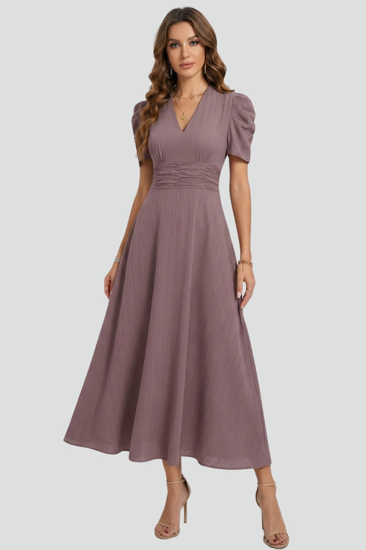 Eva | Elegant White Midi Dress With Structured Sleeves 0