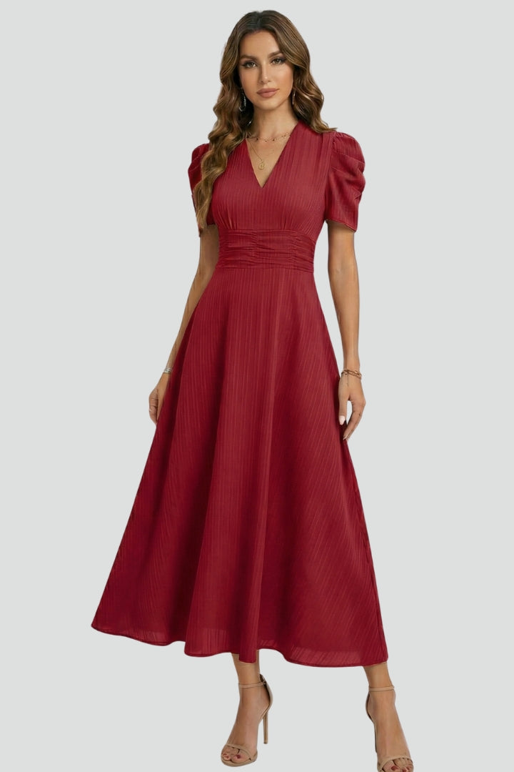 Eva | Elegant White Midi Dress With Structured Sleeves 3
