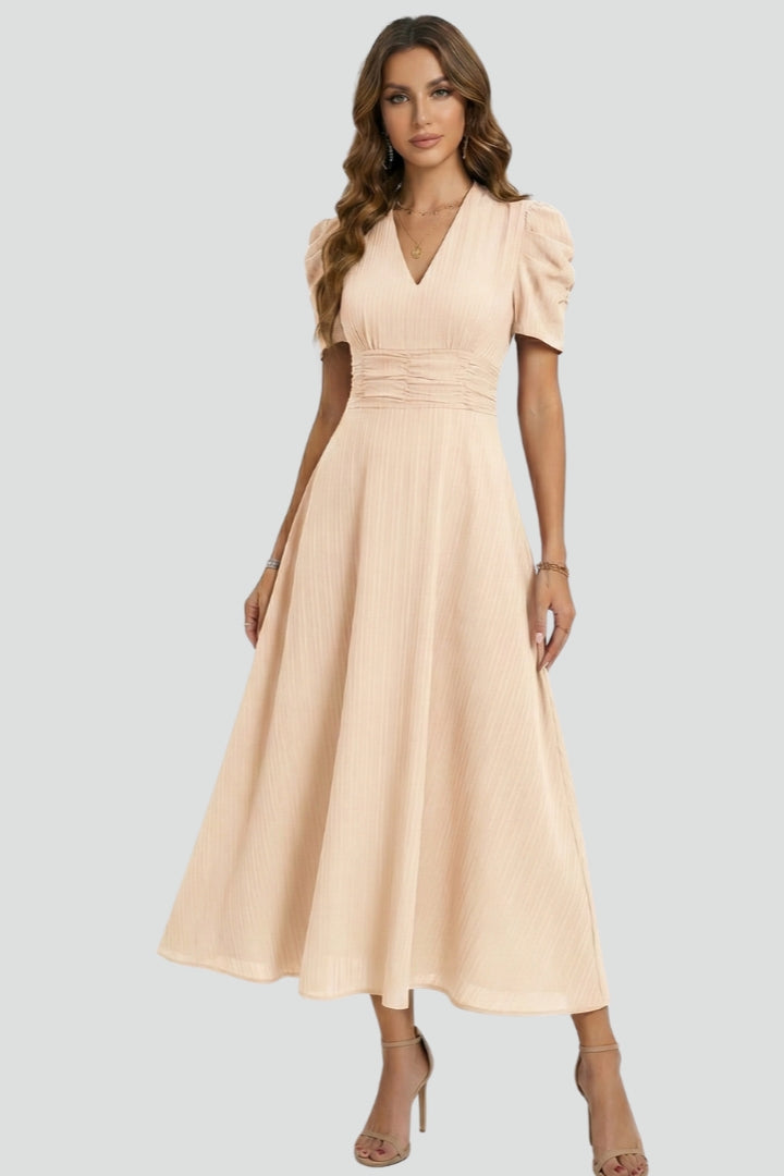 Eva | Elegant White Midi Dress With Structured Sleeves 4
