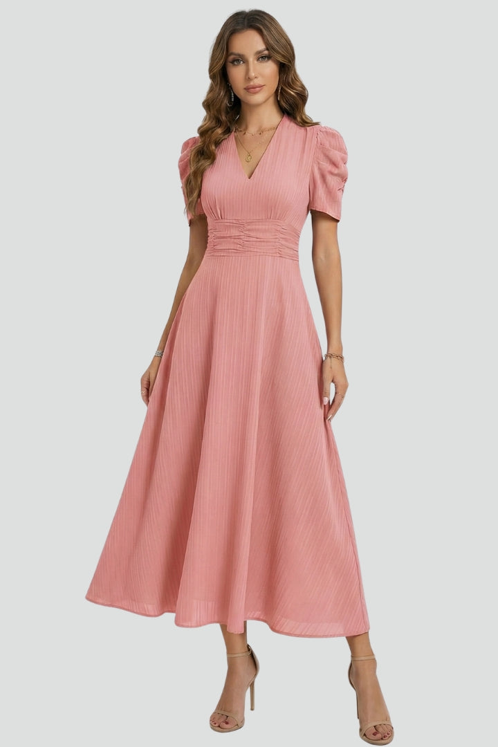 Eva | Elegant White Midi Dress With Structured Sleeves 5