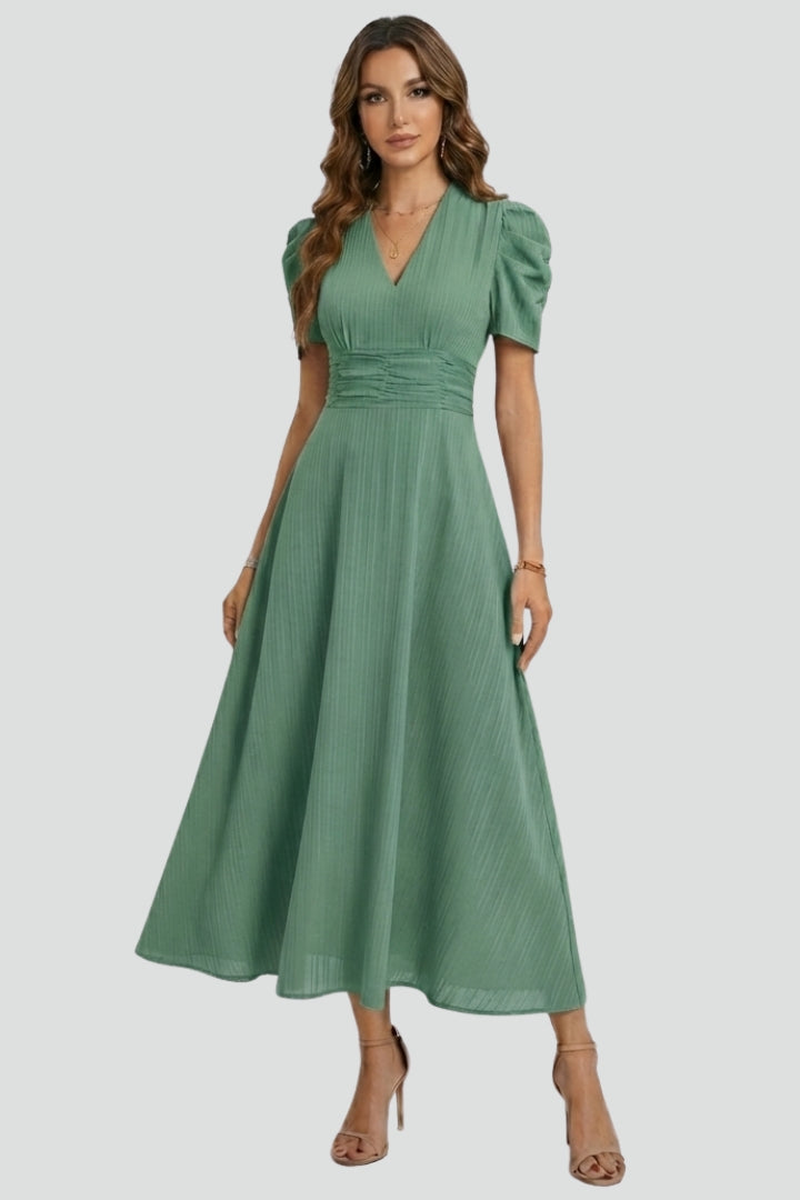 Eva | Elegant White Midi Dress With Structured Sleeves 6
