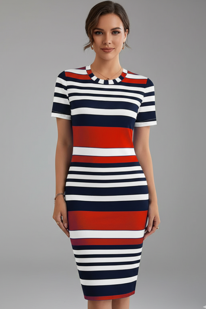 Mia | Chic Knee-Length Dress with Elegant Stripe Design 0
