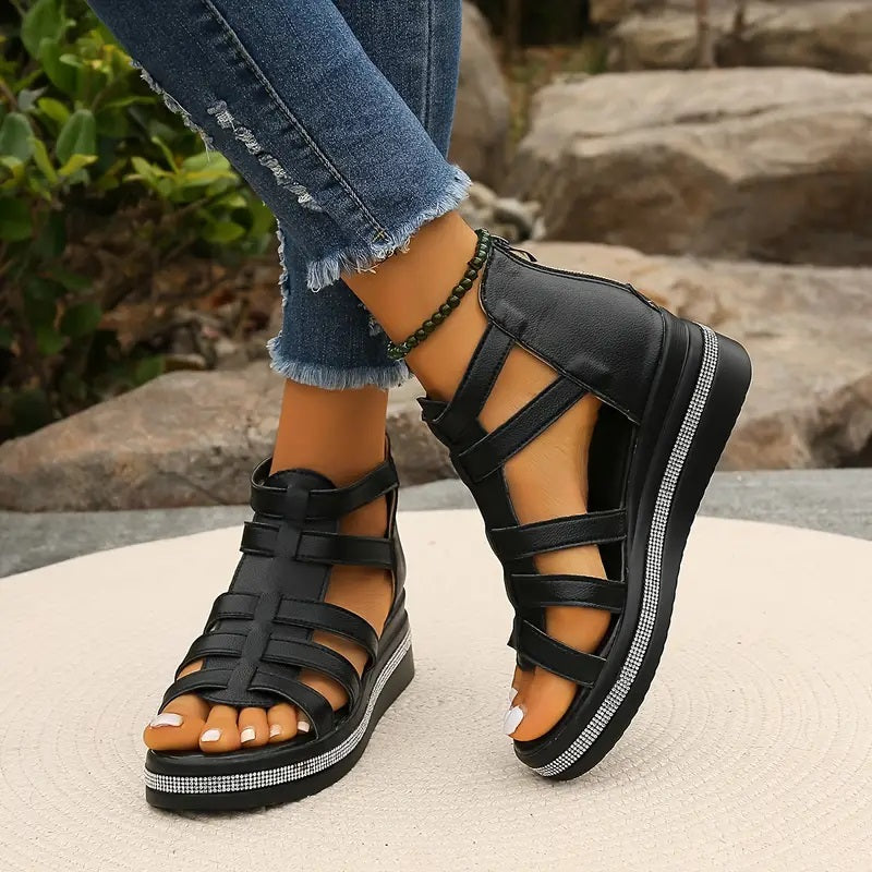 Mia | Edgy Rhinestone Gladiator Flat Sandals 0