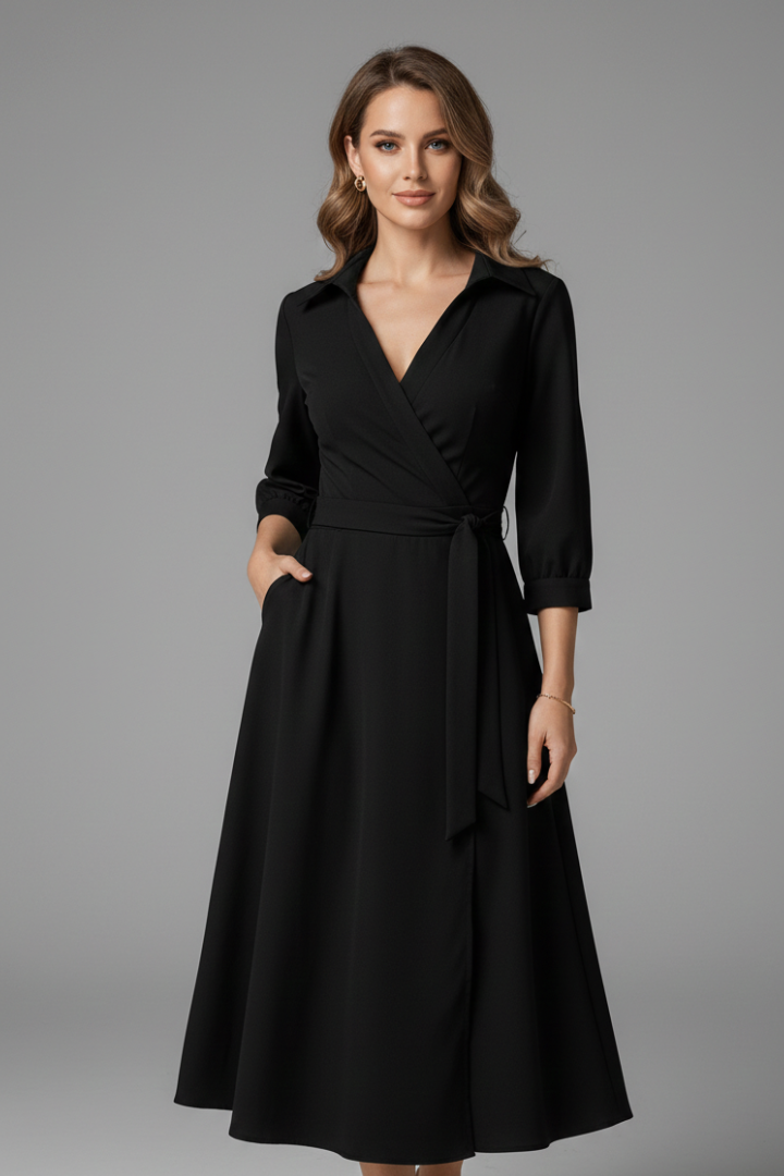 Mia | Elegant A-Line Midi Wedding Guest Dress with V-Neckline 0