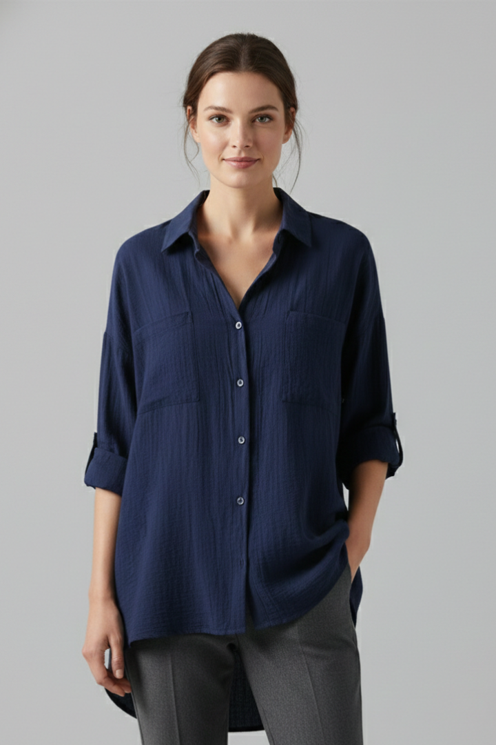 Mia | Elegant Casual Long Blouse with Collar and Button Fastening 0