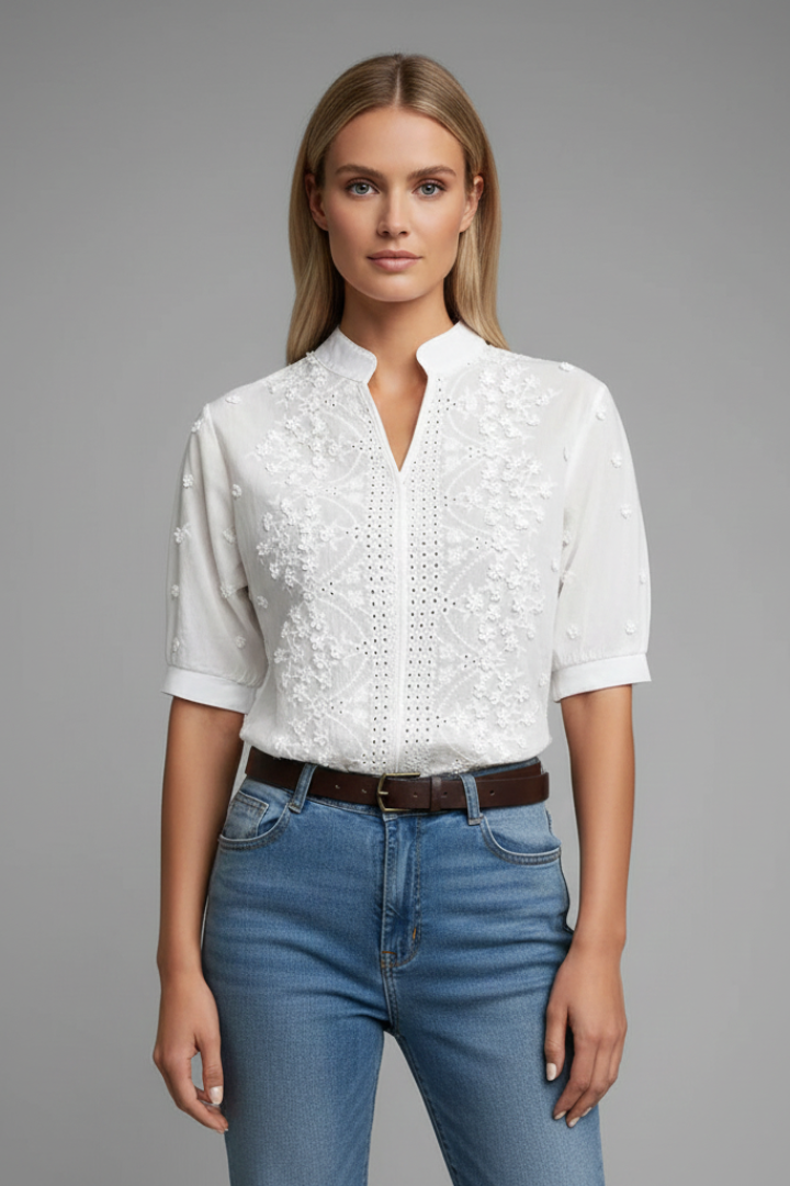 Mia | Elegant Embroidered Lace Blouse with Half Sleeves 0