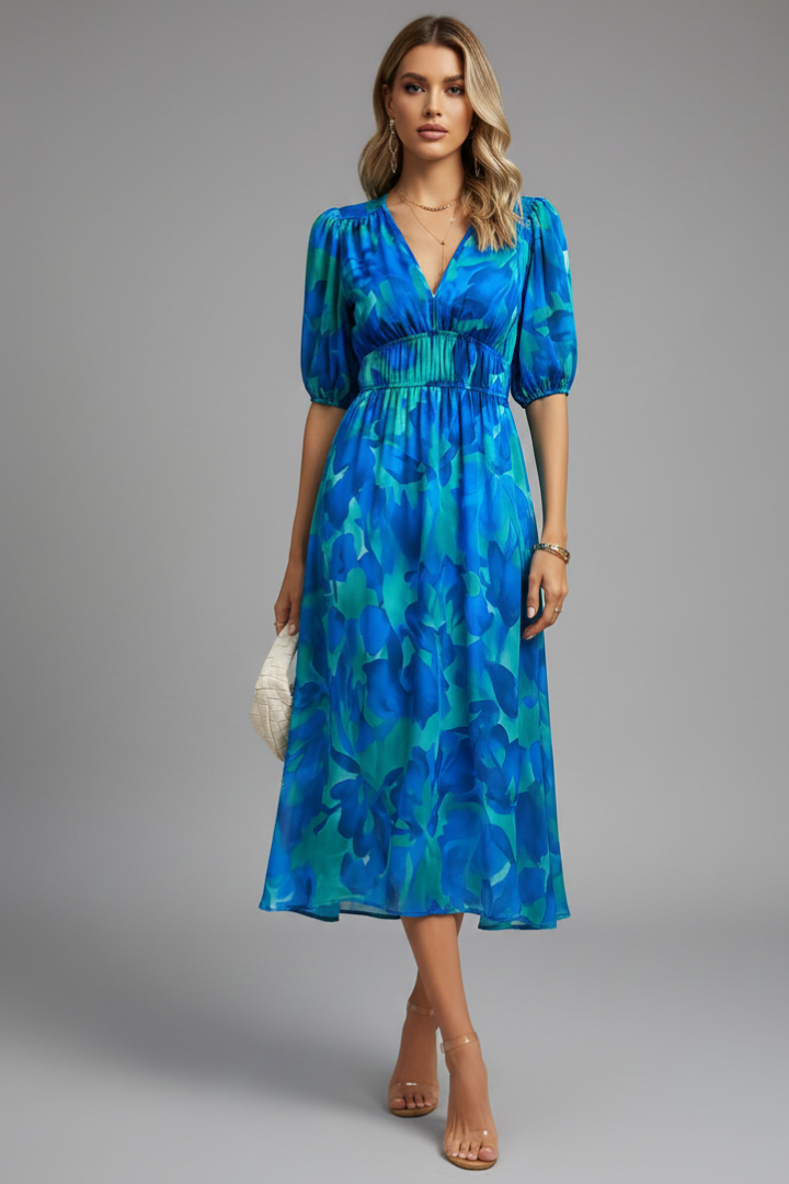 Mia | Elegant Floral Midi Dress with Puff Sleeves 0