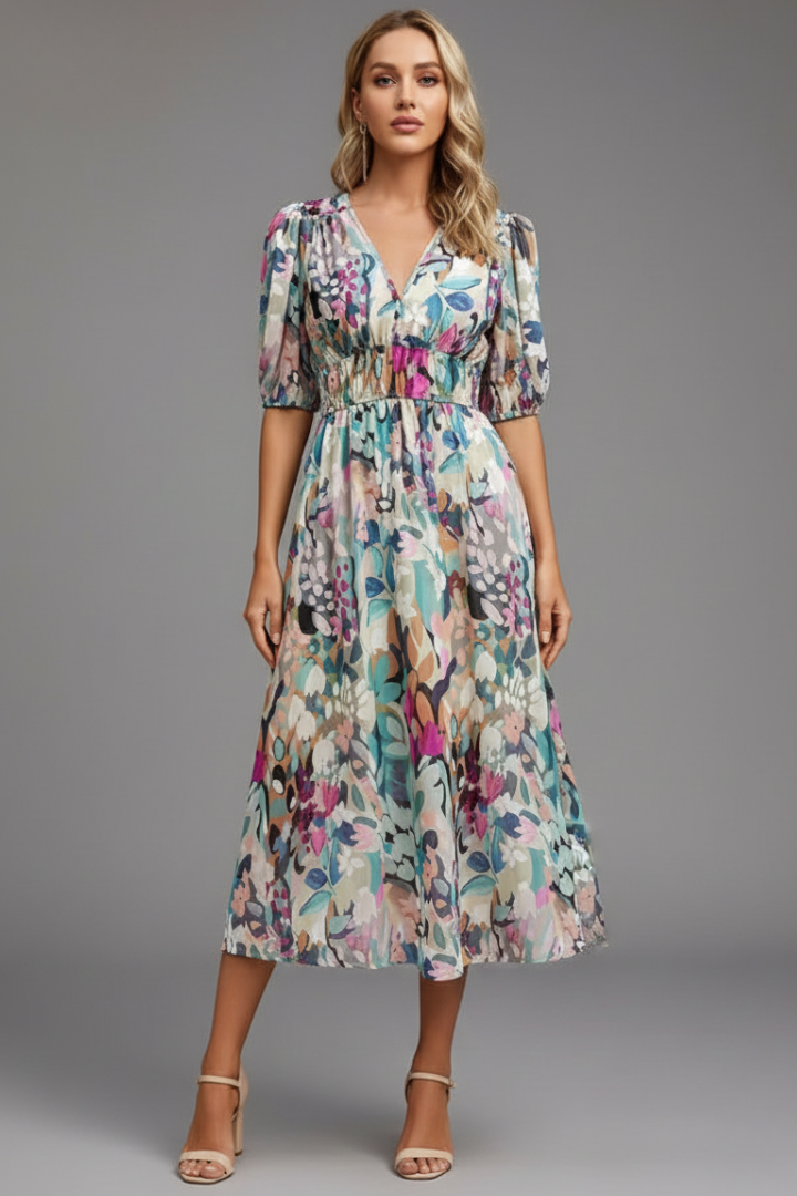 Mia | Elegant Floral Midi Dress with Puff Sleeves 4