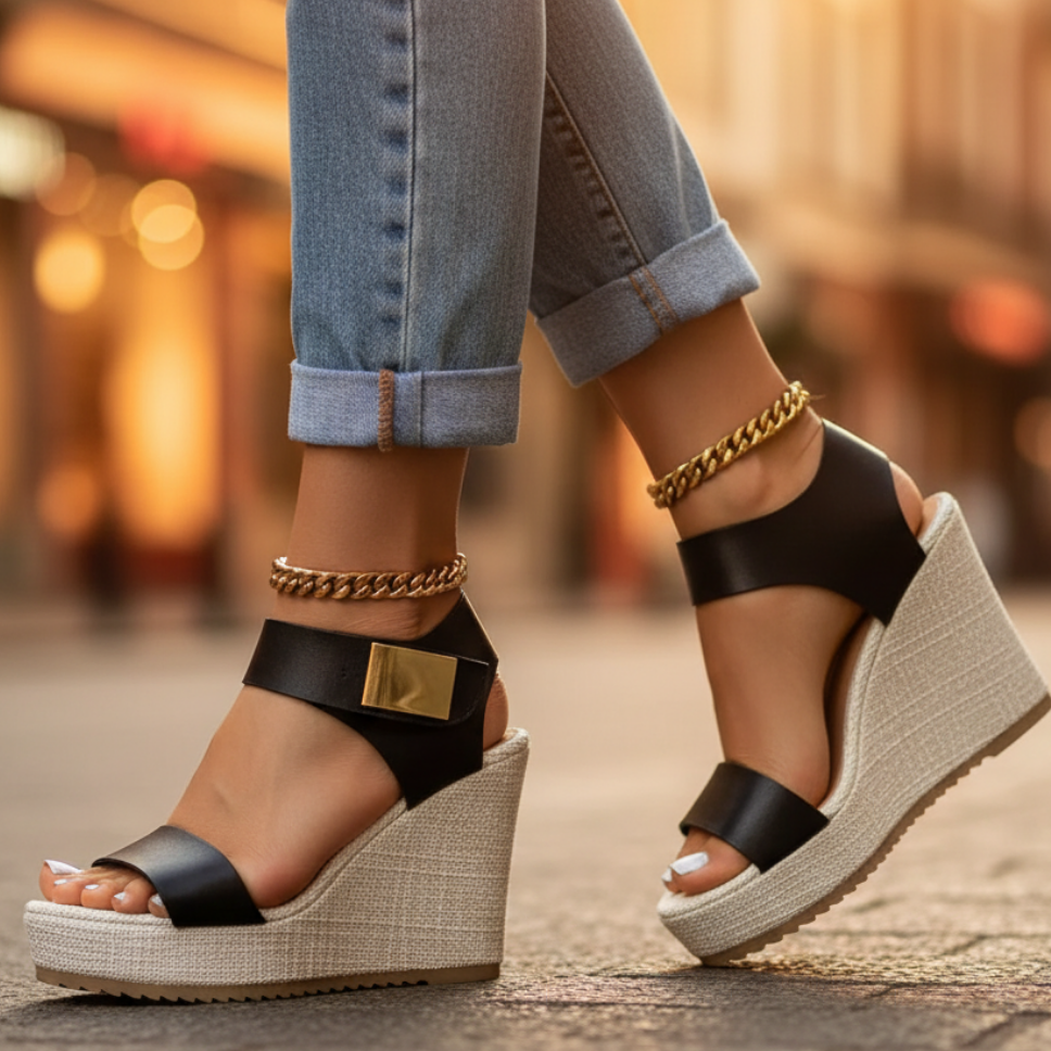 Mia | Elegant Gold Buckle Platform Wedge Sandals 0