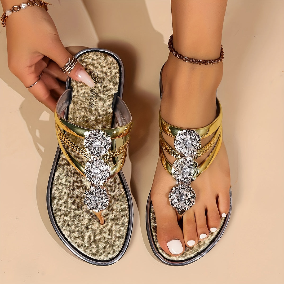 Mia | Glamorous Rhinestone Metallic Thong Sandal 2