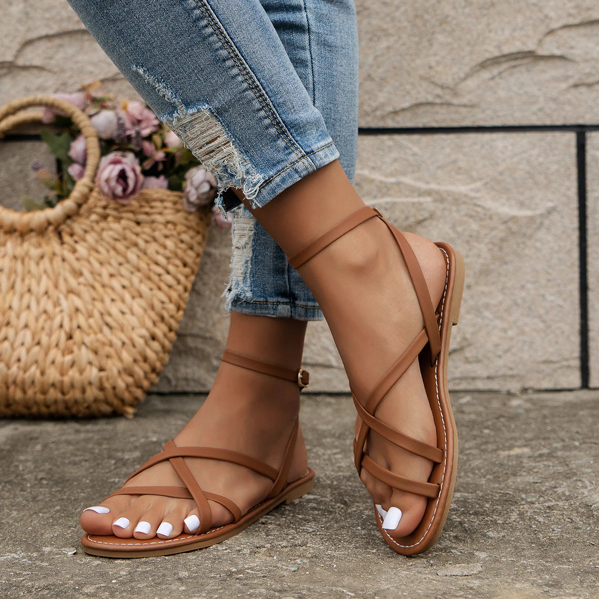 Mia | Minimalist Crossover Strap Flat Sandals 5