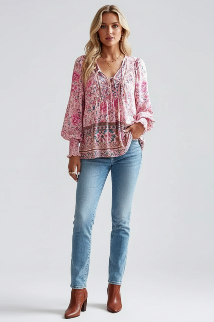Mia | Relaxed Floral Tie-Neck Blouse 0