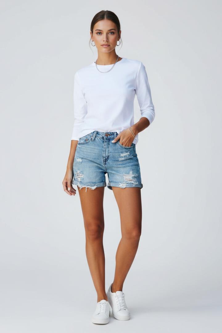 Mia | Stylish Casual Denim Shorts with Fringe Hem 0