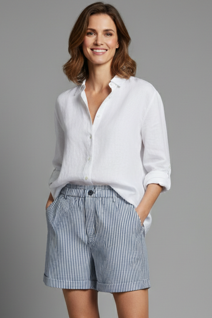 Mia | Stylish High-Rise Striped Shorts with Button Waist 1