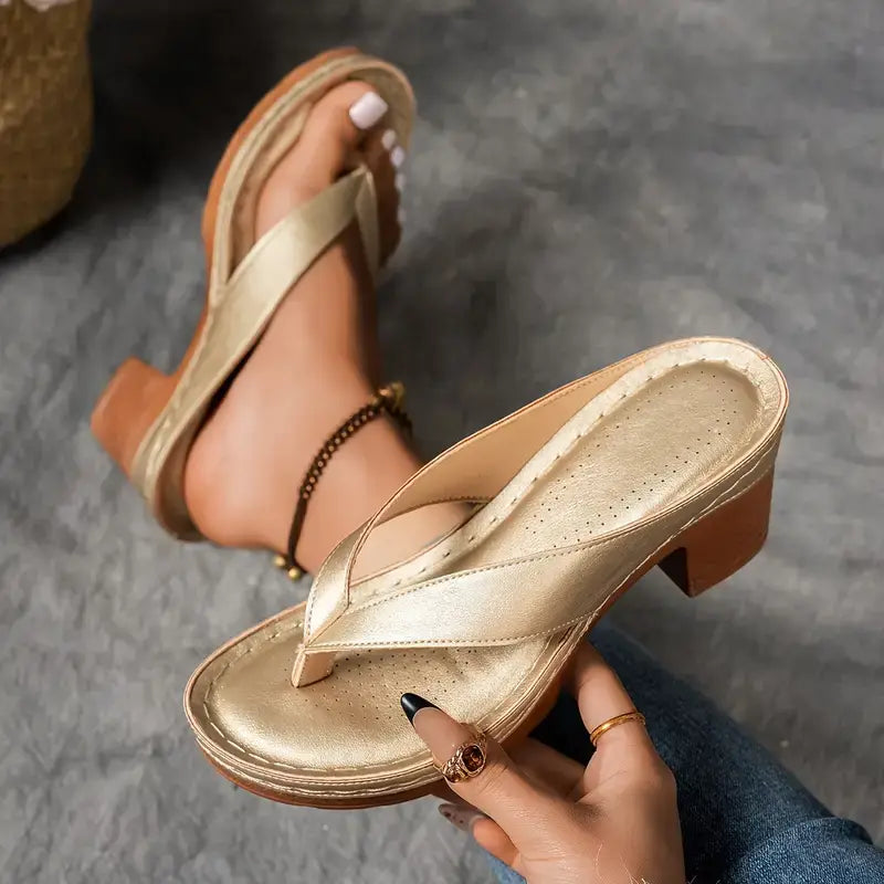 Mia | Stylish Metallic Thong Block Heel Sandals 0