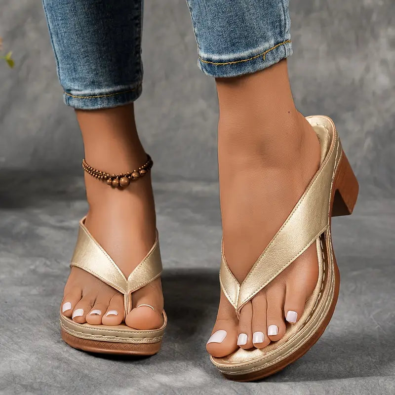 Mia | Stylish Metallic Thong Block Heel Sandals 1