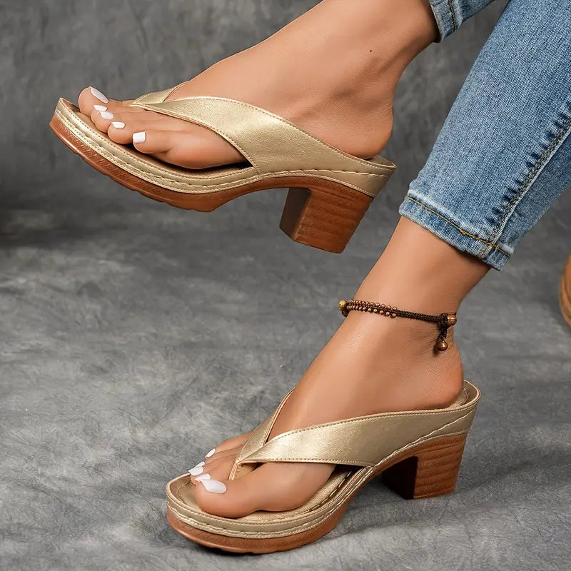 Mia | Stylish Metallic Thong Block Heel Sandals 3