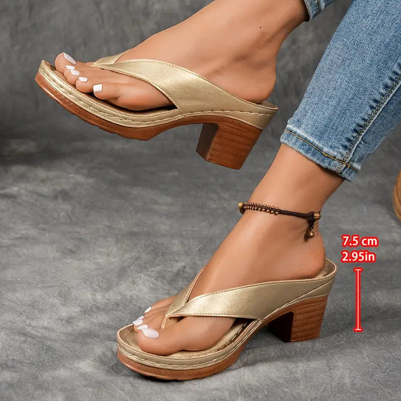 Mia | Stylish Metallic Thong Block Heel Sandals 7