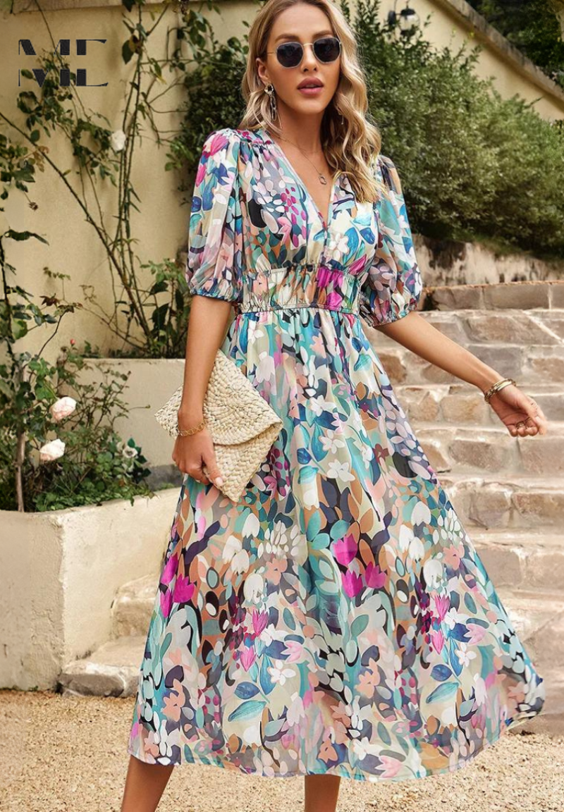Olivia | Vibrant Floral Midi Wedding Guest Dress for Summer 0