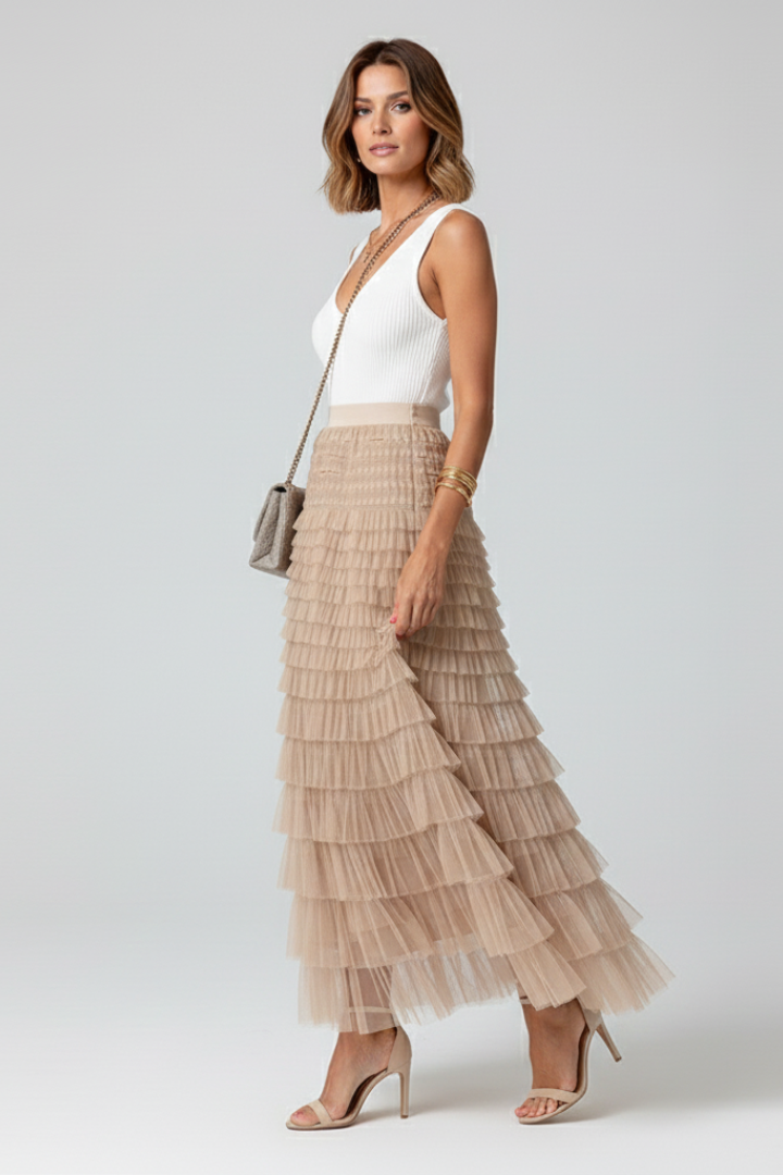 Sophia | Elegant Layered Midi Tulle Skirt with Stretch Waist 2