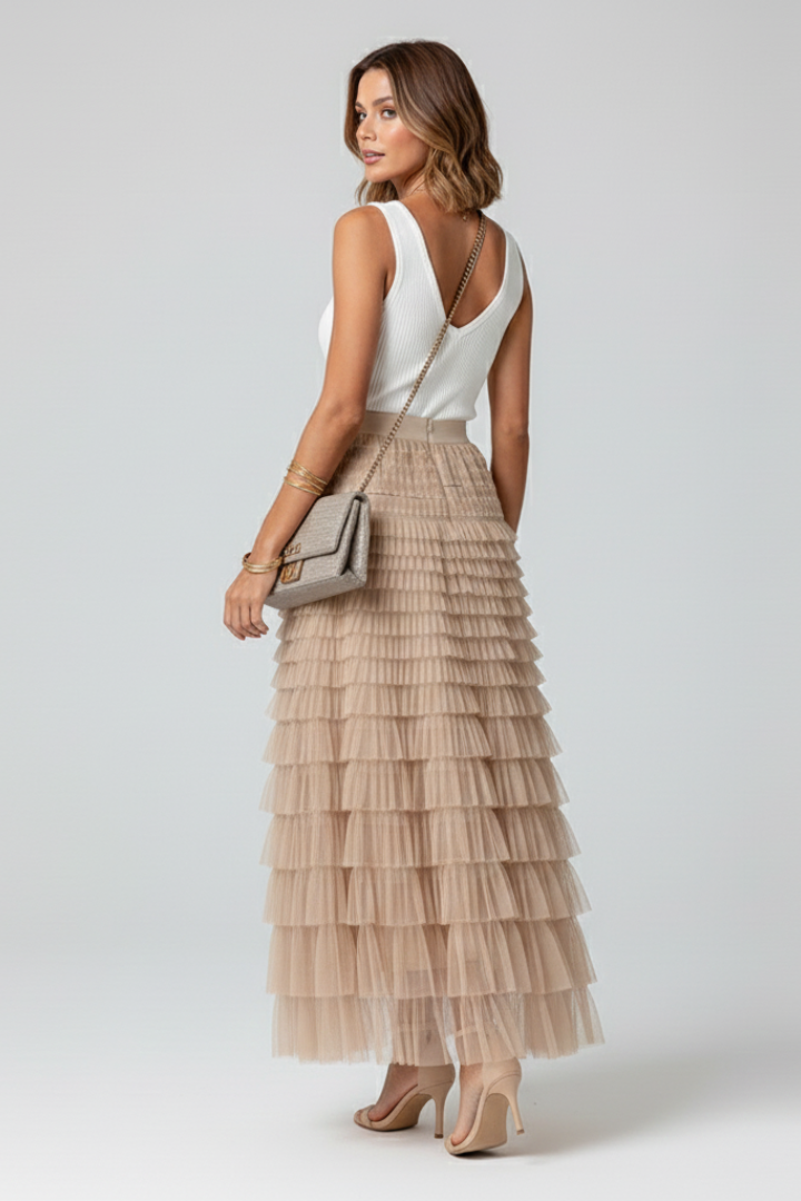 Sophia | Elegant Layered Midi Tulle Skirt with Stretch Waist 3