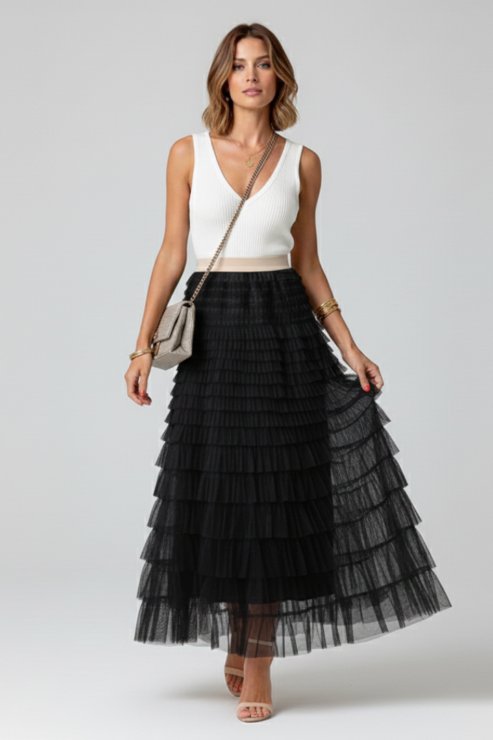 Sophia | Elegant Layered Midi Tulle Skirt with Stretch Waist 5